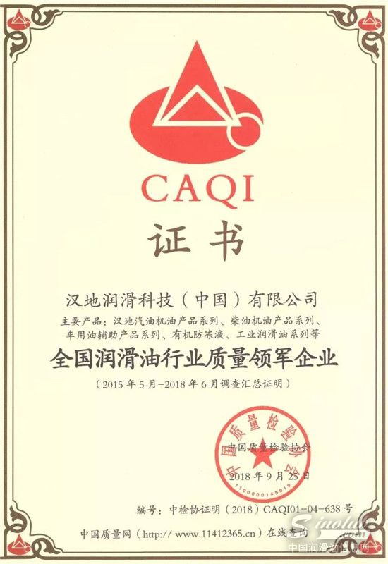 汉地荣获&ldquo;全国润滑油行业质量领先品牌&rdquo;等