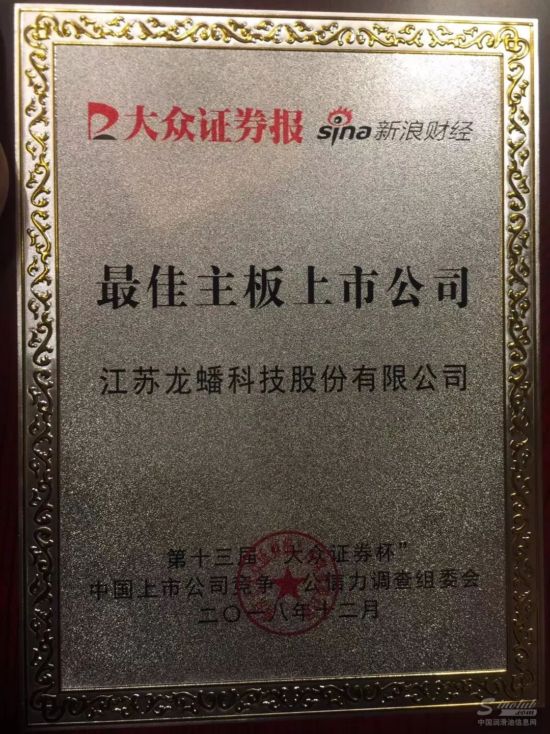 龙蟠荣获“最佳主板上市企业”称号