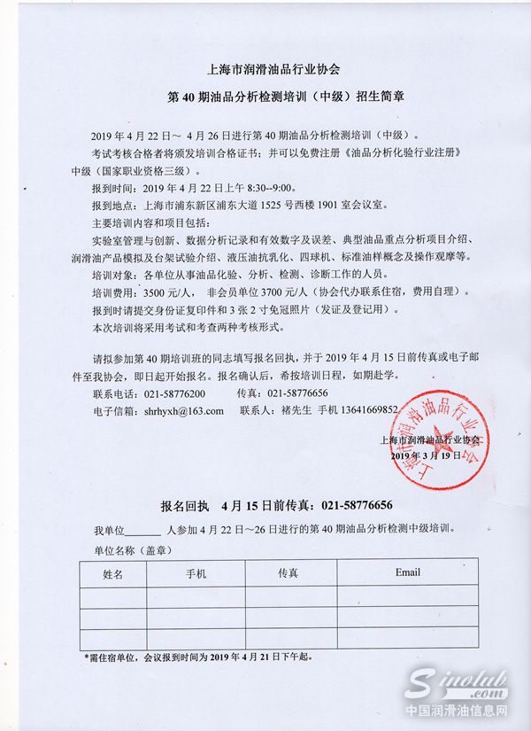 上海市润滑油品行业协会第40期油品分析检测