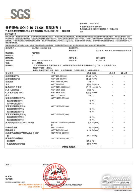 冠军嘉能5W-40酯类全合成机油