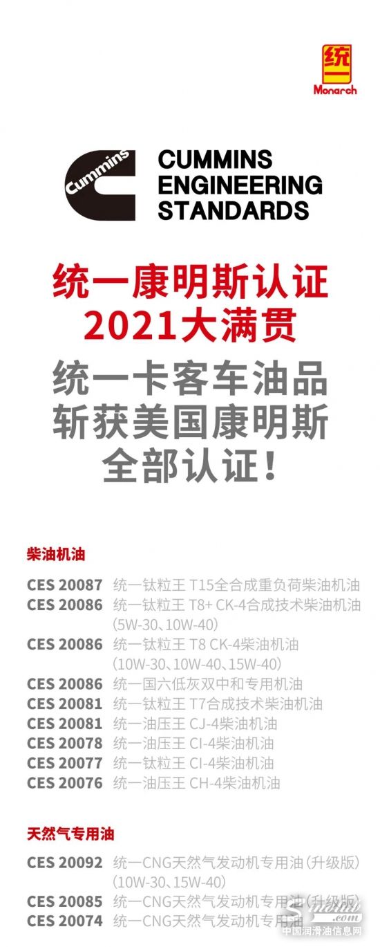 获康明斯6项认证！统一新国货润滑油实力展