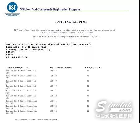 昆仑食品级液压油、齿轮油获得国际认证公司NSF-H1食品级产品注册