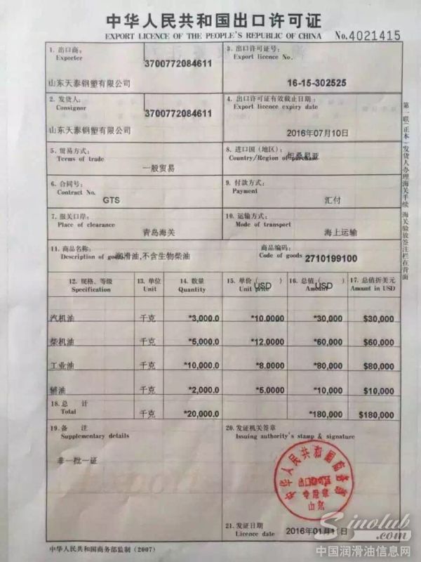 天泰集团获得润滑油产品自营进出口权